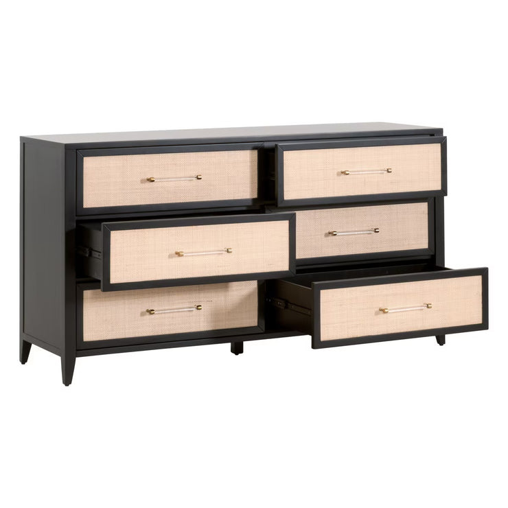 Essentials For Living Holland  6-Drawer Double Dresser~ Brushed Black Acacia and Natural Rattan
