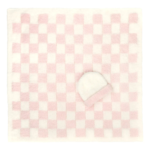 Kashwere Baby Ultra Plush Pink with Creme Check Baby Blanket & Cap