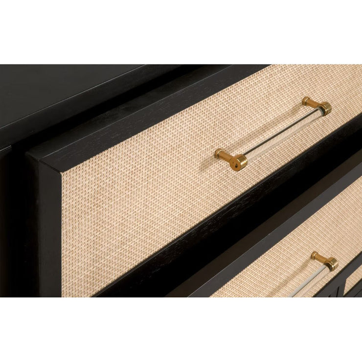 Essentials For Living Holland  6-Drawer Double Dresser~ Brushed Black Acacia and Natural Rattan