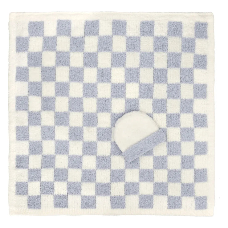 Kashwere Baby Ultra Plush Ice Blue with Creme Check Baby Blanket & Cap