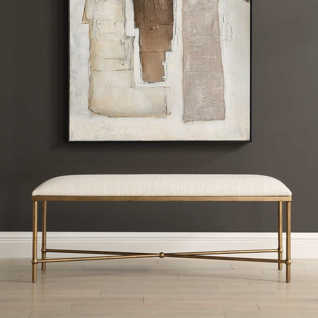 Uttermost Avenham White Textured Fabric Cushion Seat Modern Gold Iron Bench