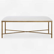 Uttermost Avenham White Textured Fabric Cushion Seat Modern Gold Iron Bench