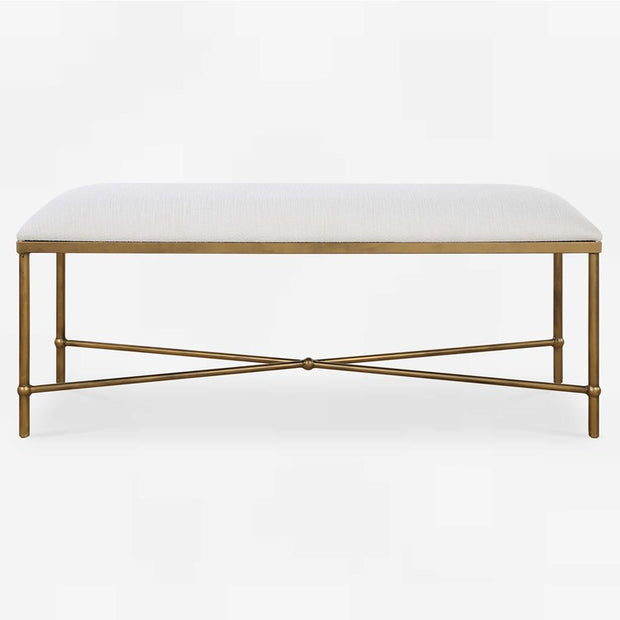 Uttermost Avenham White Textured Fabric Cushion Seat Modern Gold Iron Bench