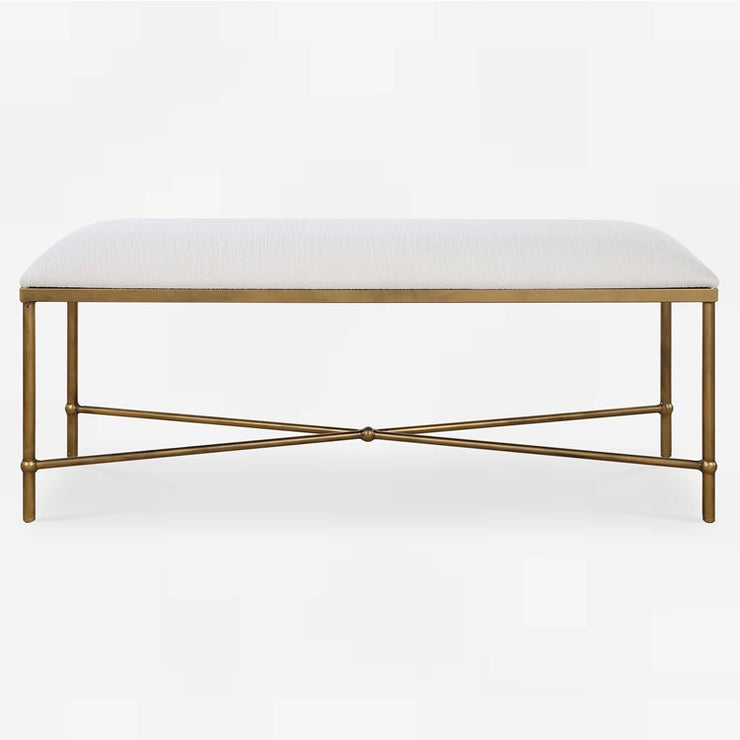 Uttermost Avenham White Textured Fabric Cushion Seat Modern Gold Iron Bench