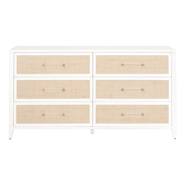 Essentials For Living Holland 6-Drawer Double Dresser~ Matte White and Natural Rattan