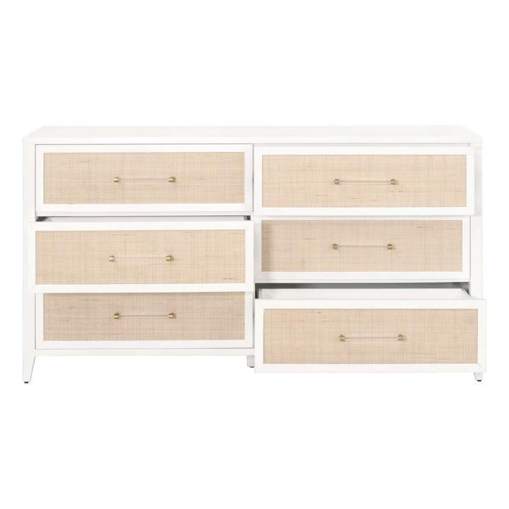 Essentials For Living Holland 6-Drawer Double Dresser~ Matte White and Natural Rattan
