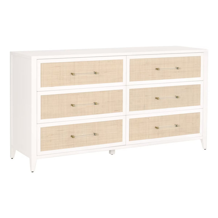 Essentials For Living Holland 6-Drawer Double Dresser~ Matte White and Natural Rattan