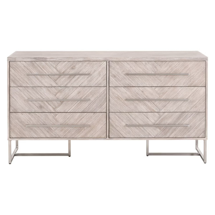Essentials For Living Mosaic 6-Drawer Double Dresser~ Natural Gray Acacia With Brushed Stainless Steel Hardware