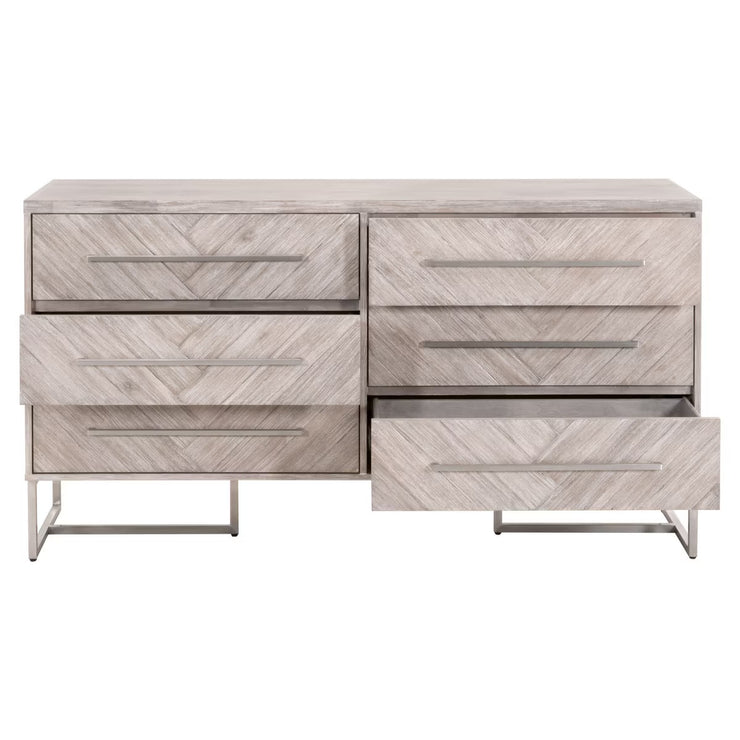 Essentials For Living Mosaic 6-Drawer Double Dresser~ Natural Gray Acacia With Brushed Stainless Steel Hardware