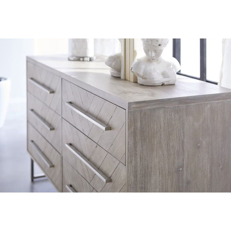 Essentials For Living Mosaic 6-Drawer Double Dresser~ Natural Gray Acacia With Brushed Stainless Steel Hardware