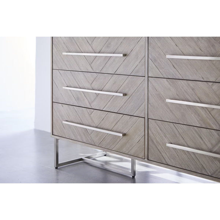 Essentials For Living Mosaic 6-Drawer Double Dresser~ Natural Gray Acacia With Brushed Stainless Steel Hardware
