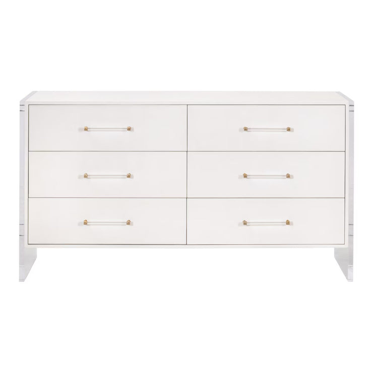 Essentials For Living Sonia Shagreen 6-Drawer Double Dresser~ Pearl Shagreen, Lucite With Brushed Brass Hardware