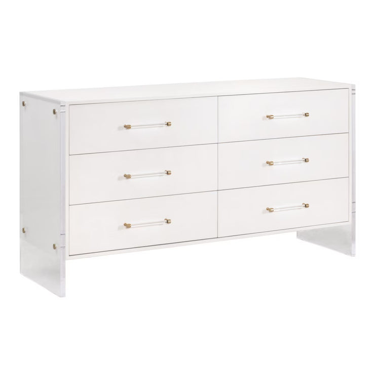 Essentials For Living Sonia Shagreen 6-Drawer Double Dresser~ Pearl Shagreen, Lucite With Brushed Brass Hardware