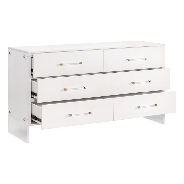 Essentials For Living Sonia Shagreen 6-Drawer Double Dresser~ Pearl Shagreen, Lucite With Brushed Brass Hardware