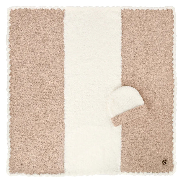 Kashwere Baby Ultra Plush Teddy with Crème Center Stripe Baby Blanket & Cap
