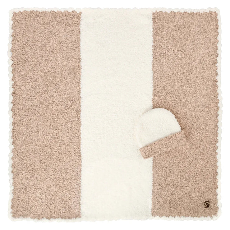 Kashwere Baby Ultra Plush Teddy with Crème Center Stripe Baby Blanket & Cap