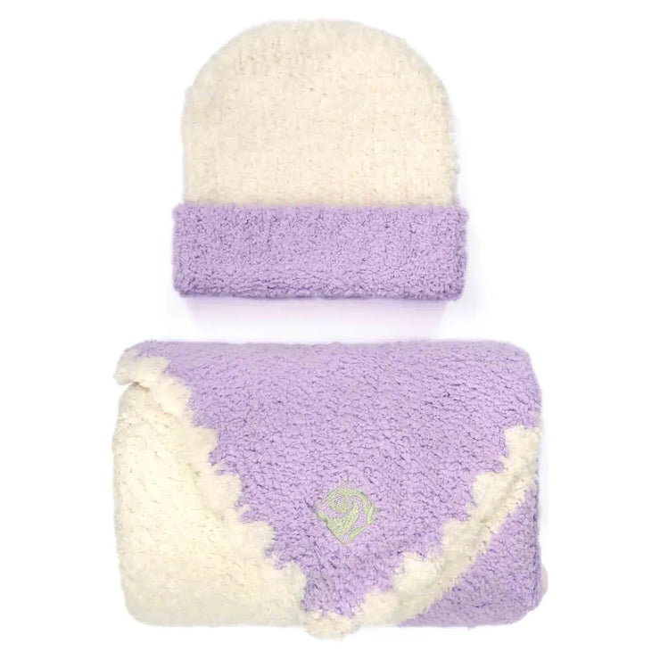 Kashwere Baby Ultra Plush Lavender with Crème Center Stripe Baby Blanket & Cap
