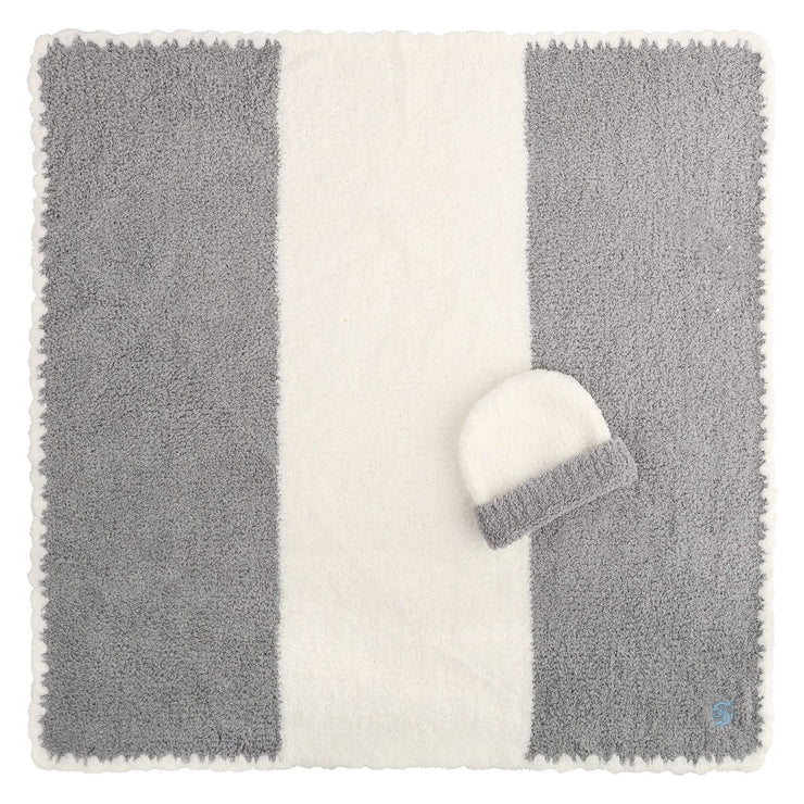 Kashwere Baby Ultra Plush Stone with Crème Center Stripe Baby Blanket & Cap
