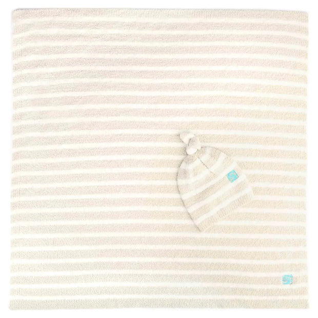 Kashwere Baby Ultra Plush Malt with Crème Mini Stripe Baby Blanket & Cap