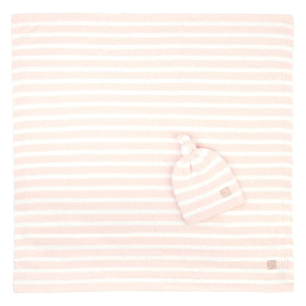 Kashwere Baby Ultra Plush Pink with White Mini Stripe Baby Blanket & Cap