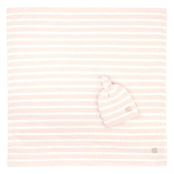 Kashwere Baby Ultra Plush Pink with White Mini Stripe Baby Blanket & Cap
