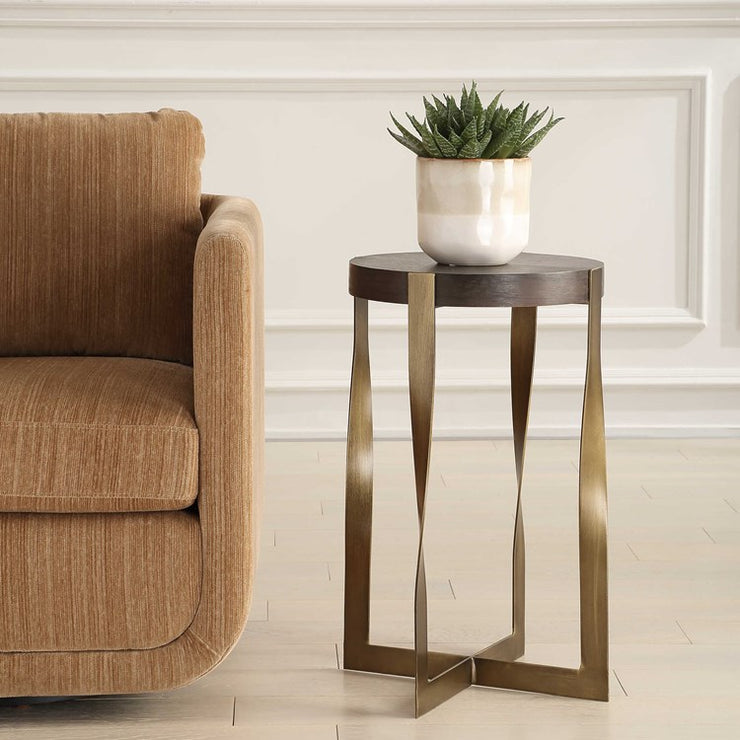 Uttermost Drew Walnut Wood and Brass Round Accent Table