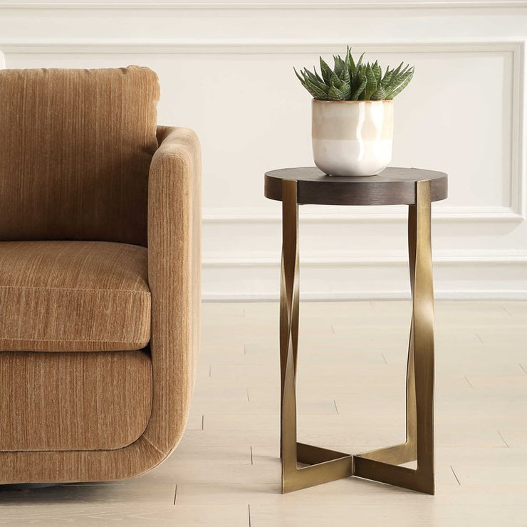 Uttermost Drew Walnut Wood and Brass Round Accent Table