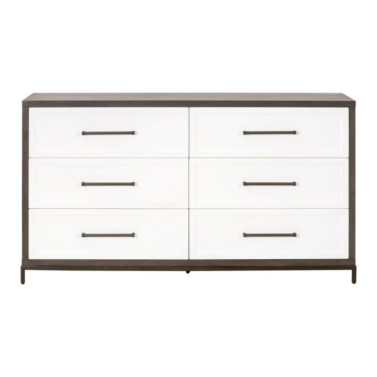 Essentials For Living Wrenn 6-Drawer Double Dresser ~ Burnished Brown Acacia, Matte White With Antique White Hardware