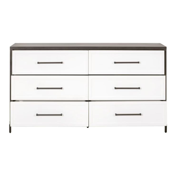 Essentials For Living Wrenn 6-Drawer Double Dresser ~ Burnished Brown Acacia, Matte White With Antique White Hardware