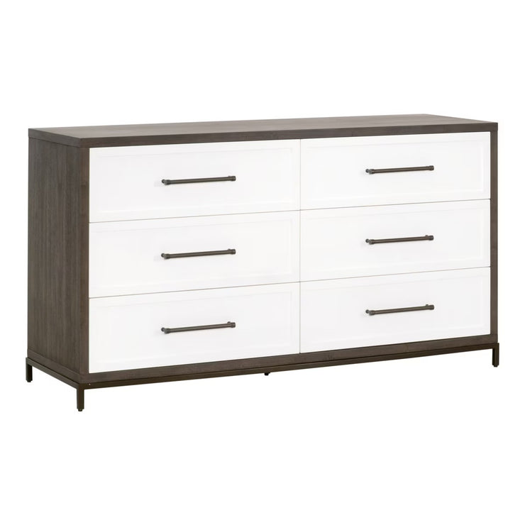 Essentials For Living Wrenn 6-Drawer Double Dresser ~ Burnished Brown Acacia, Matte White With Antique White Hardware