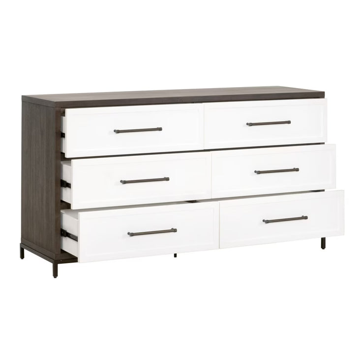 Essentials For Living Wrenn 6-Drawer Double Dresser ~ Burnished Brown Acacia, Matte White With Antique White Hardware