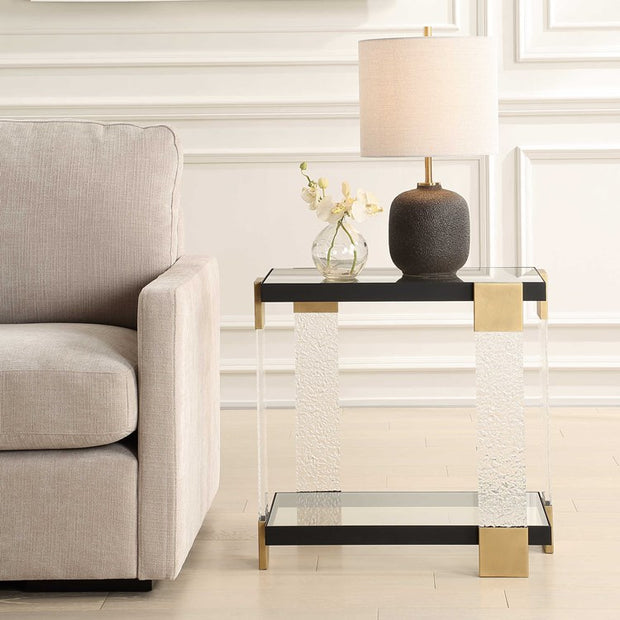 Uttermost Bendena Glass and Black Iron Side Table