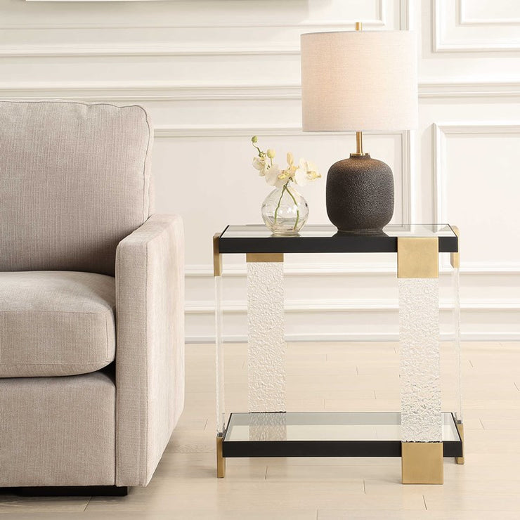 Uttermost Bendena Glass and Black Iron Side Table
