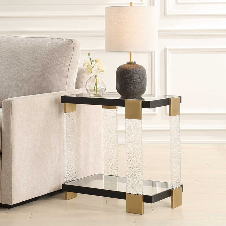 Uttermost Bendena Glass and Black Iron Side Table