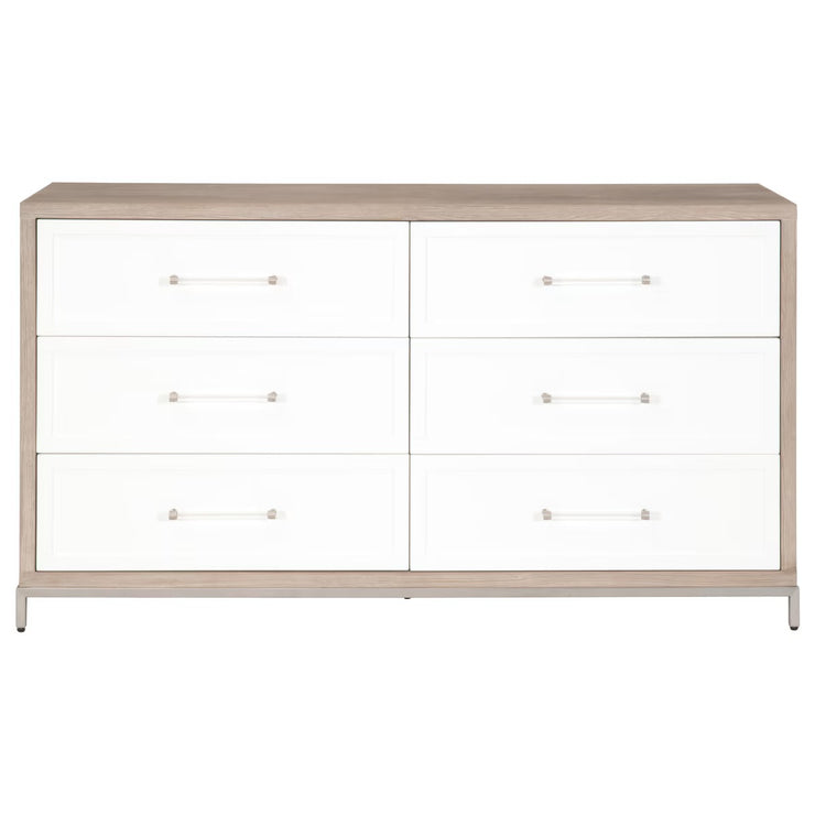 Essentials For Living Wrenn 6-Drawer Double Dresser ~ Natural Gray Acacia, Matte White With Brushed Stainless Steel Hardware