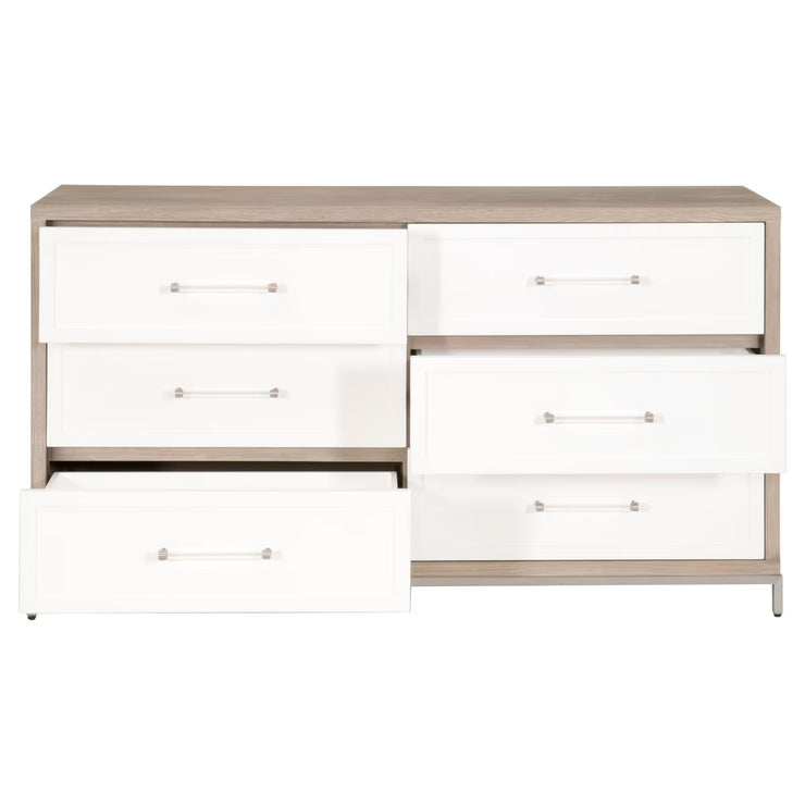 Essentials For Living Wrenn 6-Drawer Double Dresser ~ Natural Gray Acacia, Matte White With Brushed Stainless Steel Hardware