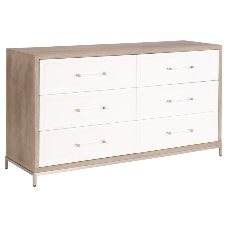 Essentials For Living Wrenn 6-Drawer Double Dresser ~ Natural Gray Acacia, Matte White With Brushed Stainless Steel Hardware