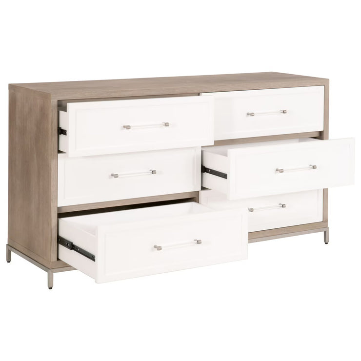 Essentials For Living Wrenn 6-Drawer Double Dresser ~ Natural Gray Acacia, Matte White With Brushed Stainless Steel Hardware