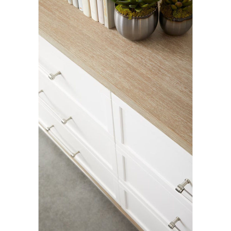 Essentials For Living Wrenn 6-Drawer Double Dresser ~ Natural Gray Acacia, Matte White With Brushed Stainless Steel Hardware