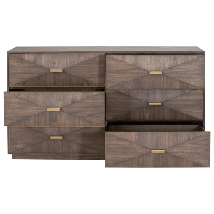 Essentials For Living Wynn 6-Drawer Double Dresser ~ Burnished Brown Acacia With Brushed Gold Hardware