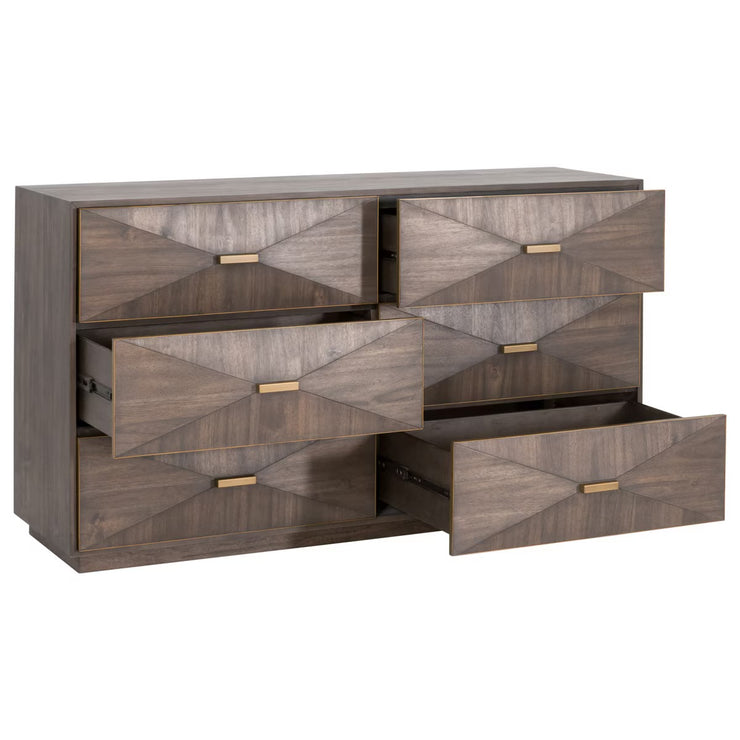 Essentials For Living Wynn 6-Drawer Double Dresser ~ Burnished Brown Acacia With Brushed Gold Hardware