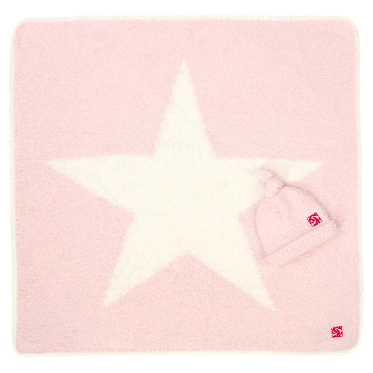 Kashwere Baby Ultra Plush Pink with Crème Star Baby Blanket & Cap