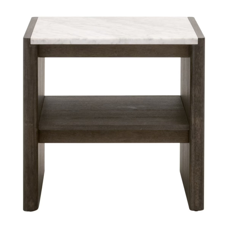 Essentials For Living Linnea End Table ~ White Carrera Marble, Burnished Brown Acacia