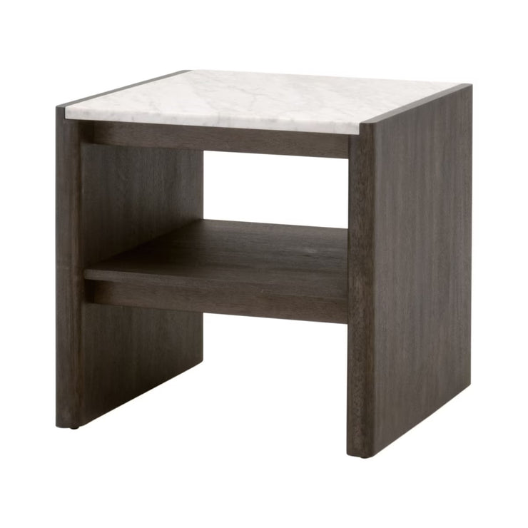 Essentials For Living Linnea End Table ~ White Carrera Marble, Burnished Brown Acacia