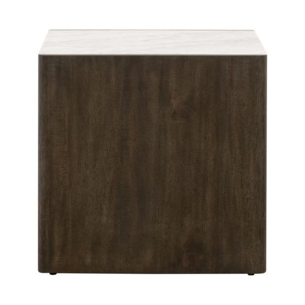 Essentials For Living Linnea End Table ~ White Carrera Marble, Burnished Brown Acacia