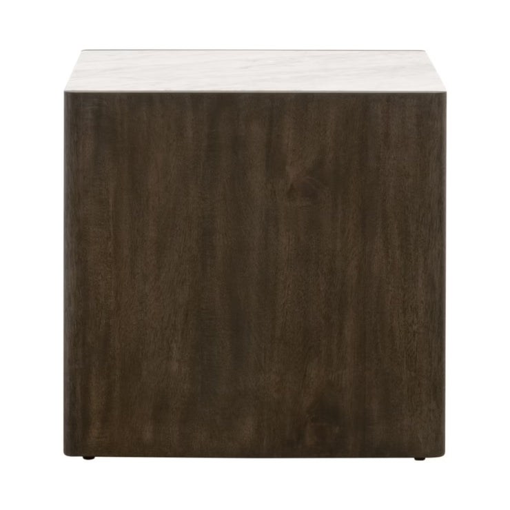 Essentials For Living Linnea End Table ~ White Carrera Marble, Burnished Brown Acacia