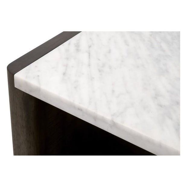 Essentials For Living Linnea End Table ~ White Carrera Marble, Burnished Brown Acacia