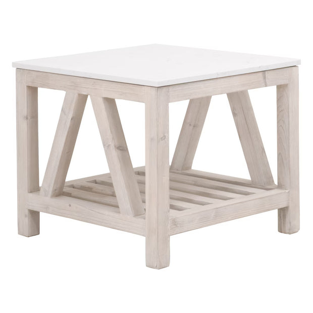Essentials For Living Spruce End Table ~ White Wash Pine, White Quartz