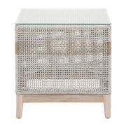Essentials For Living Tapestry Outdoor End Table ~ Taupe & White Flat Rope, Taupe Stripe, Gray Teak, Clear Glass