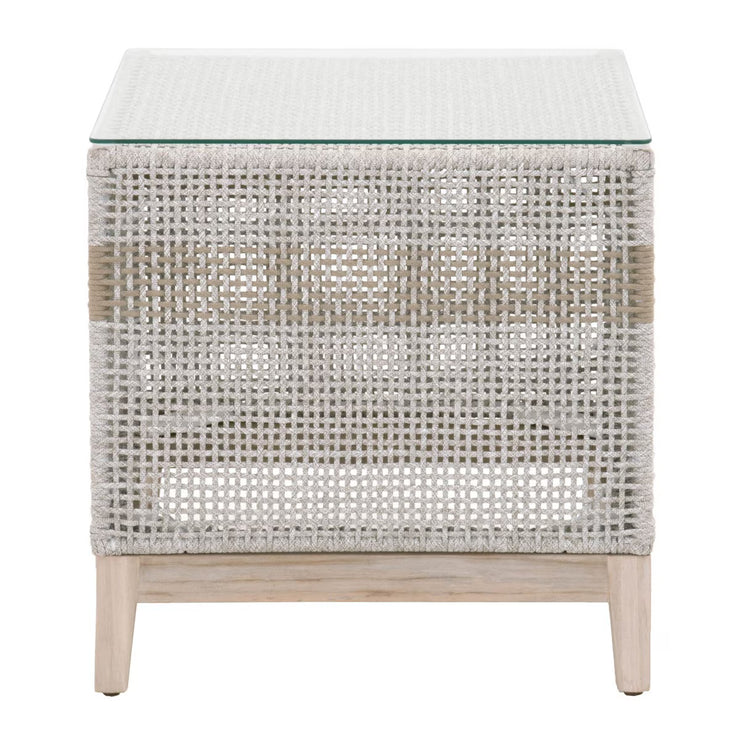 Essentials For Living Tapestry Outdoor End Table ~ Taupe & White Flat Rope, Taupe Stripe, Gray Teak, Clear Glass